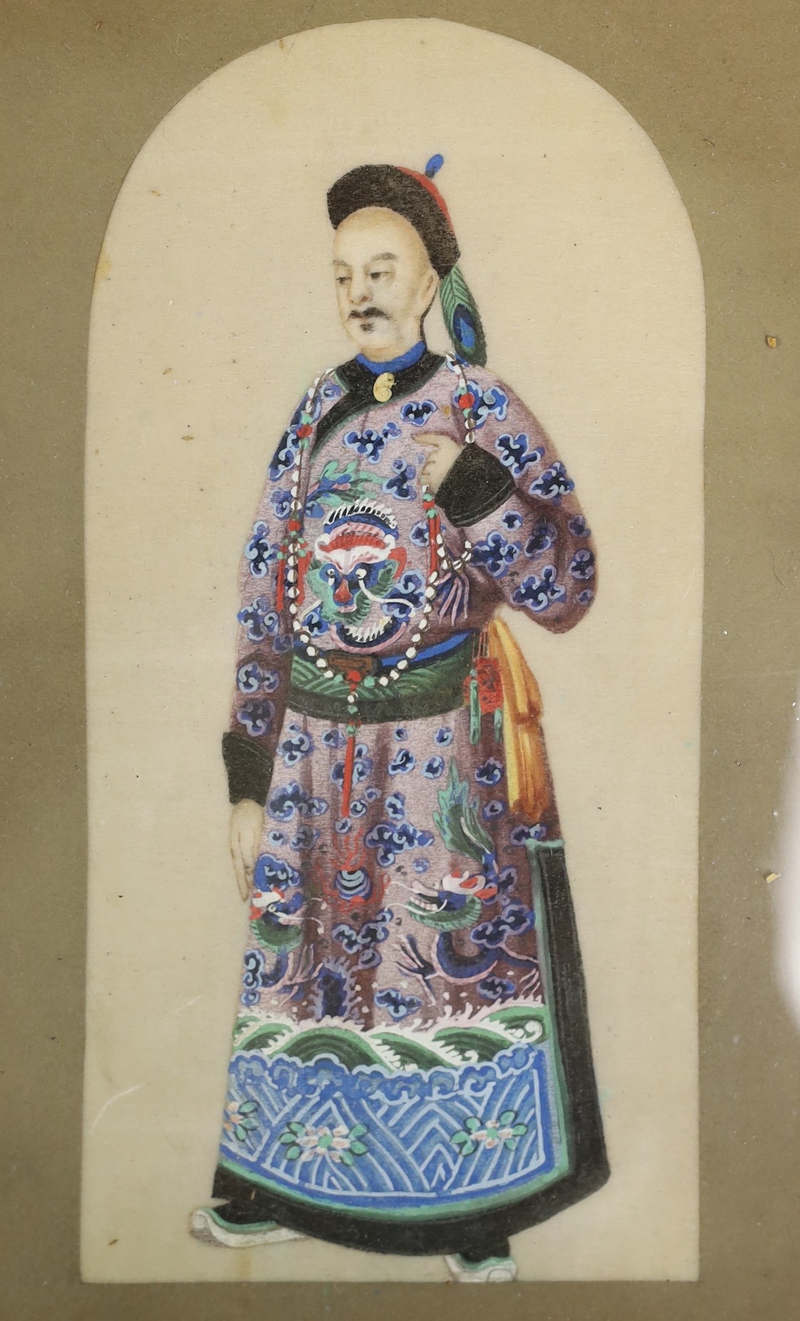 19th century Chinese School, pair of gouaches on pith paper, Studies of courtiers, 15 x 7cm and four similar studies